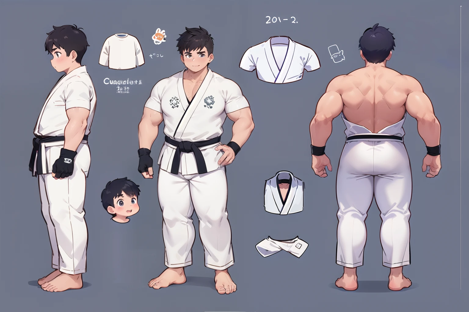 ((1boy_only, same_character, same_outfit)), charturnerv2, character_turnaround, character_sheet, ((3views)), reference_sheet, (chubby:1.2, stocky:1.2), ((white judo gi)), ((dougi)), barefoot, ((long pants)), (bara:1.2), (shota:0.25), buzz_cut, full body shot, ((cool, cute, awesome)), (fingerless gloves), (chubby_face:0.8), (solid_background)