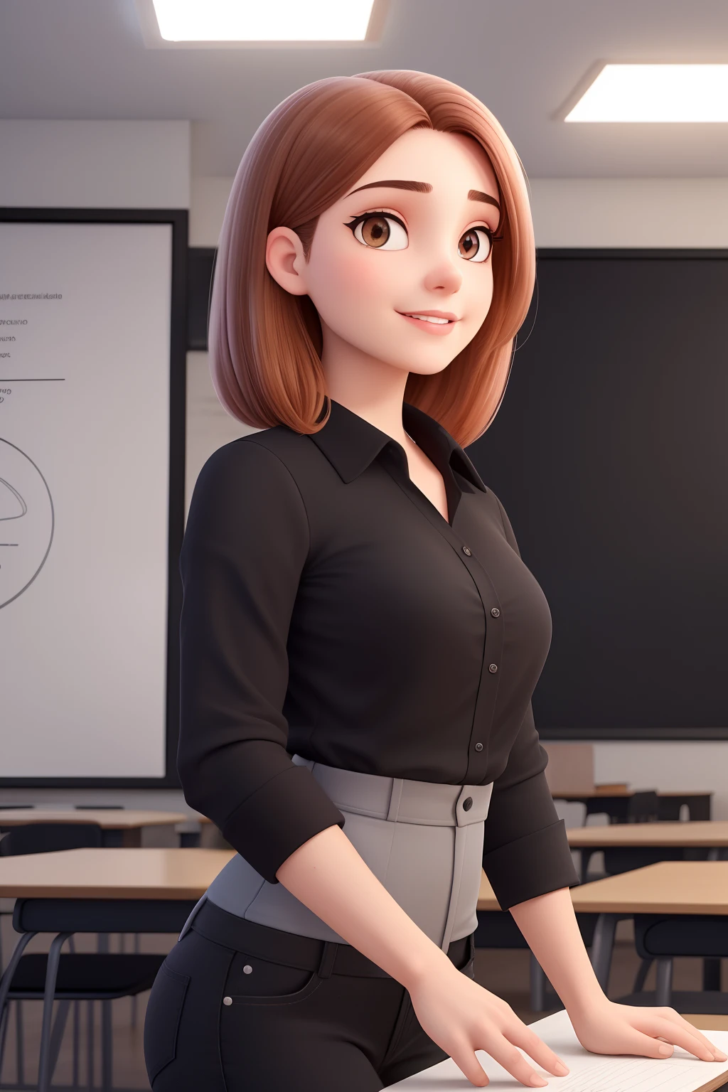 Uma mulher de 18 anos, com longos cabelos castanhos escuros , Rosto redondo, sorriso encantador, e olhos castanhos, In a classroom, studio lighting, sign language interpreter and sign language teacher. She's wearing black clothes, blouse and black jeans