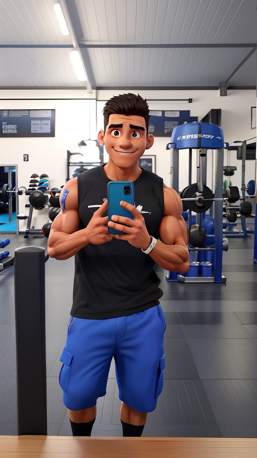 Homen 29 anos,at the bodybuilding gym, camisa preta e short azul,he is happy,tirando selfie