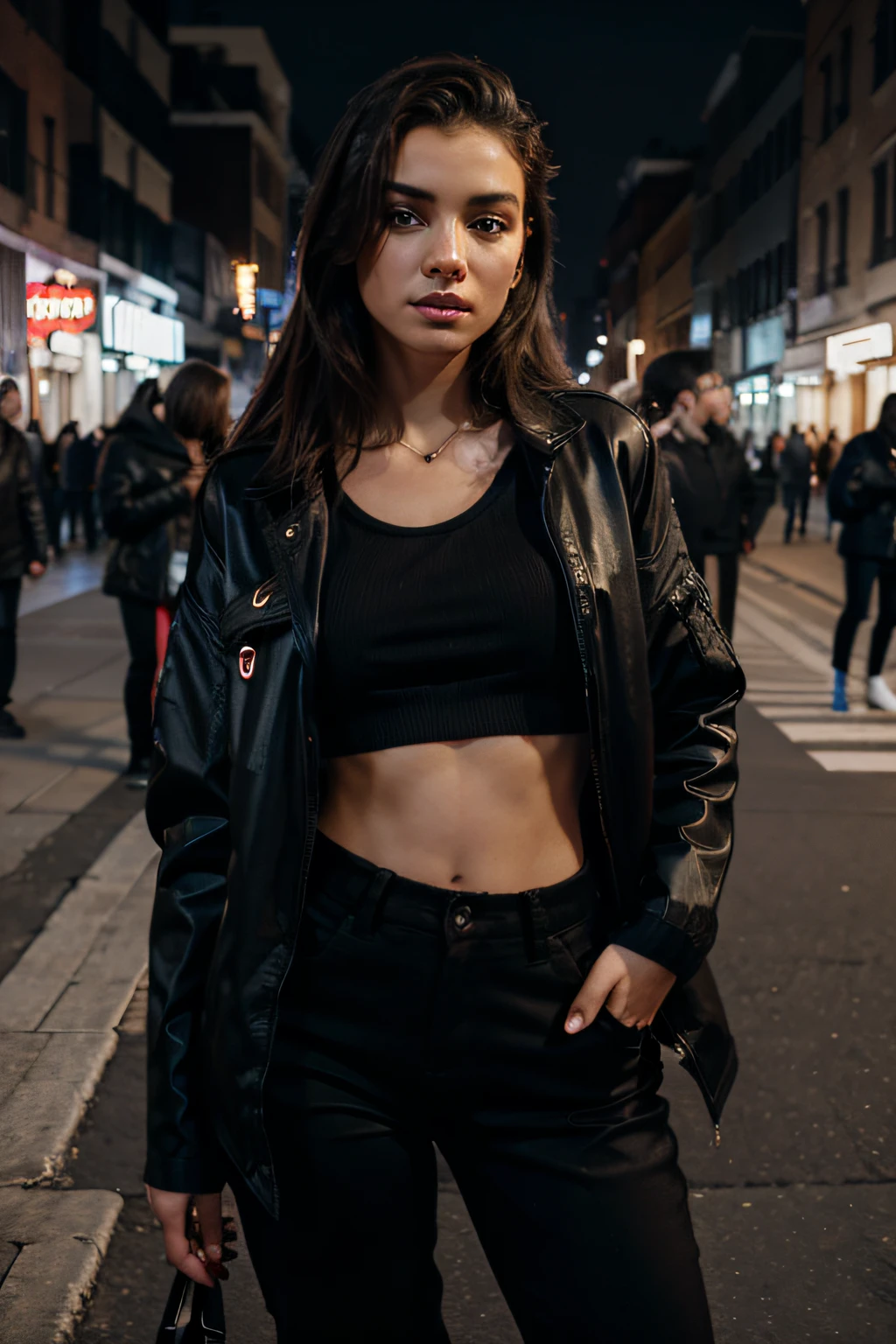Instagram-Foto, Influencer, 30 year old Spanish woman, kurzes Haar, schwarzes Haar, (Leder, Oberteil, bauchfrei), (Leder, Hotpants, schwarz), (Stiefel, Overknee, Leder, schwarz), weiche Schatten, warmes Licht, braune Haut, wide hips, lacht, White teeth, im Nachtclub, Neonlicht,