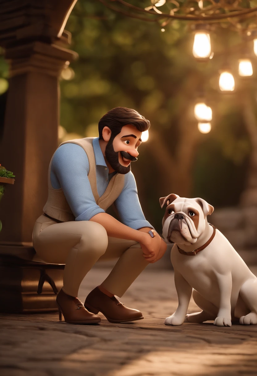 Pixar. Casal com dois filhotes de cachorro bulldog frances um marrom e um branco. A menina tem cabelo loiro e esta vestida de noiva. O menino de cabelos pretos com barba e bigode, He wears a light blue dress shirt and beige pants. They are both smiling and are 33 years old