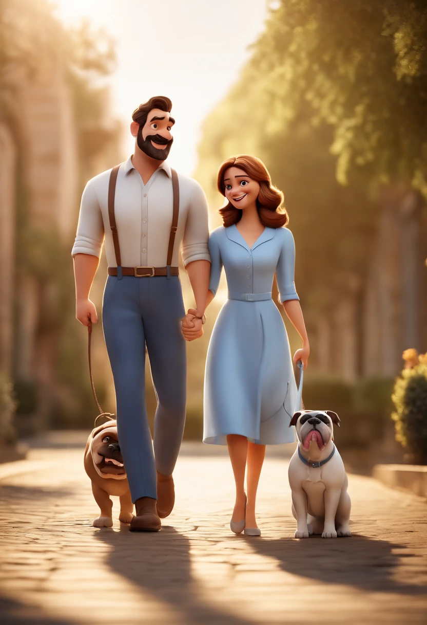 Pixar. Casal com dois filhotes de cachorro bulldog frances um marrom e um branco. A menina tem cabelo loiro e esta vestida de noiva. O menino de cabelos pretos com barba e bigode, He wears a light blue dress shirt and beige pants. They are both smiling and are 33 years old
