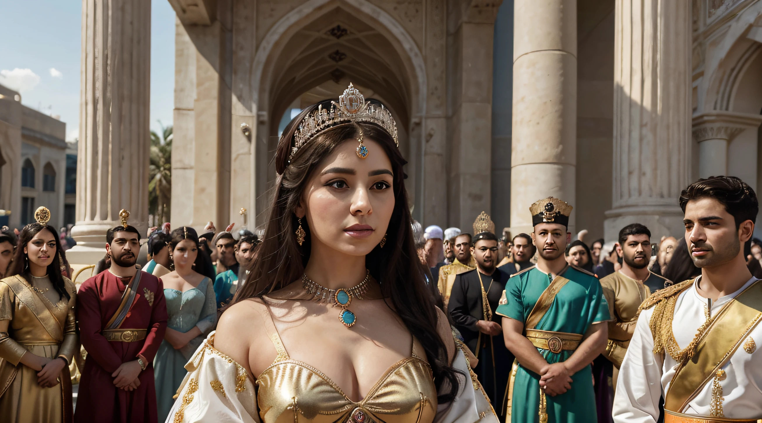 https://www.seaart.ai/explore/detail/ckst0oh4msbd5sud1s1g Generate an image representing Esther's selection as the queen of Persia by King Ahasuerus (Xerxes I), with a large crowd in the background perhaps showing the coronation ceremony or the replacement of Queen Vashti