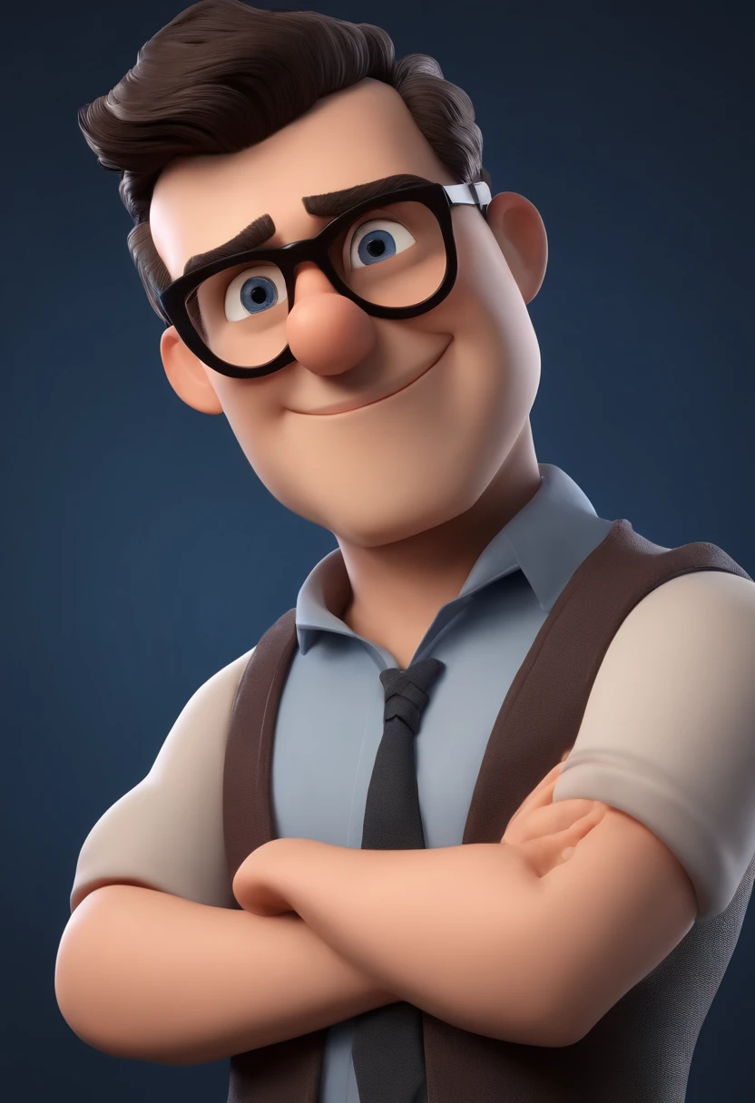 Cartoon character of a man wearing black glasses and a blue shirt, um personagem animado, Caractere estilizado, animation style rendering, 3D estilizado, Arnold Maya render, 3 d render stylized, toon render keyshot, Personagem 3D, Personagem 3D, 3d rendering stylized, 3 d character render, personagem de desenho animado, Personagem de close up, Pose de personagem, (Estilo Pixar) (master part:1.2) (Bokeh) (best quality) (pele detalhada) (textura detalhada) (8k) (argila) (Cinematic lighting) (foco nítido，Senta e vaza a parte superior do corpo
