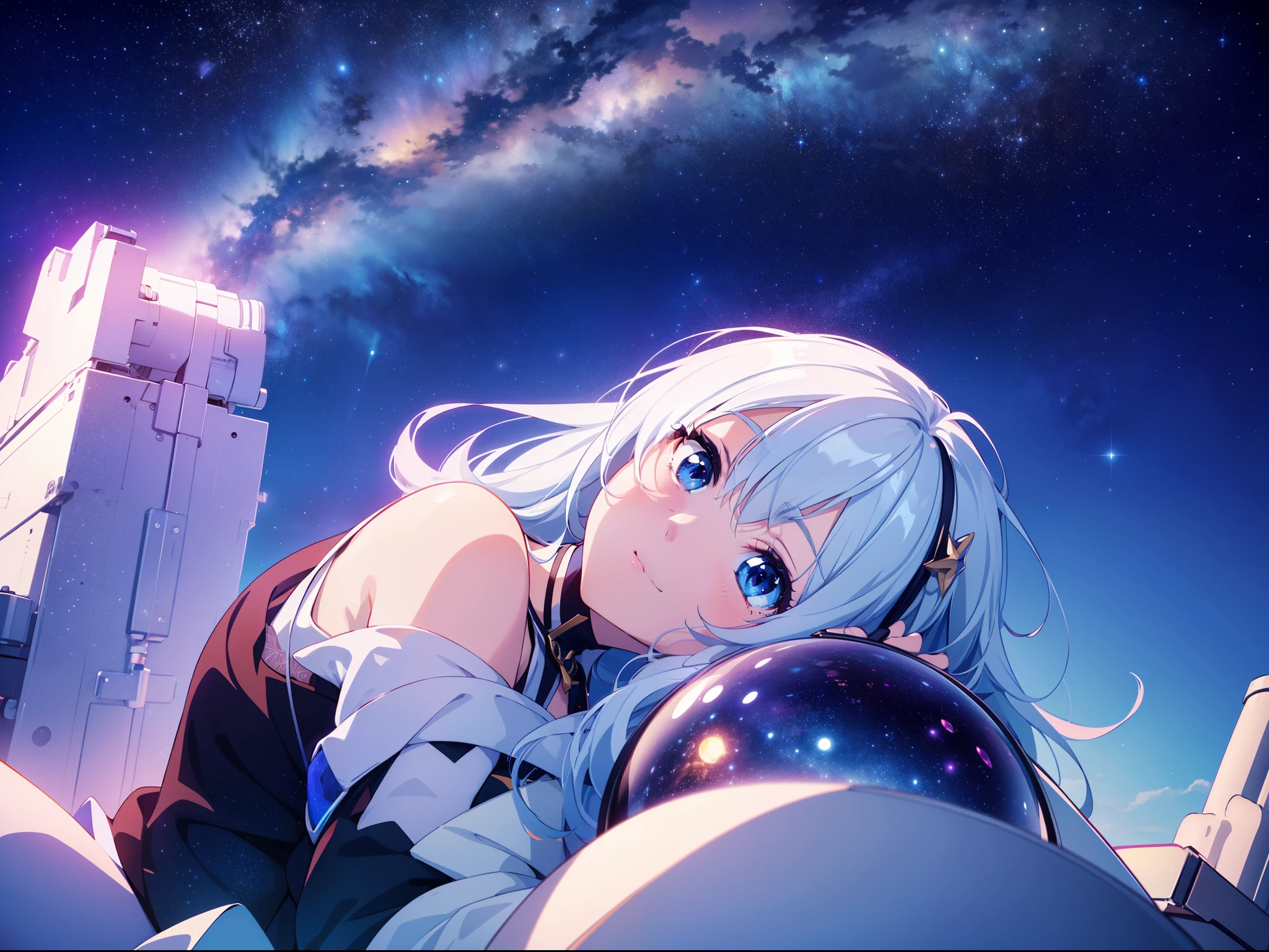 1 cute girl, Datch angle, from side , (from below:0.9) , sitting , (looking up sky), telescope ,constellation ,((background starry sky )), high resolution,(incredibly absurdres),anime visual,extremely detailed CG unity 8k wallpaper, ((masterpiece)), ((top-quality)), (beautiful illustration), ((an extremely delicate and beautiful))