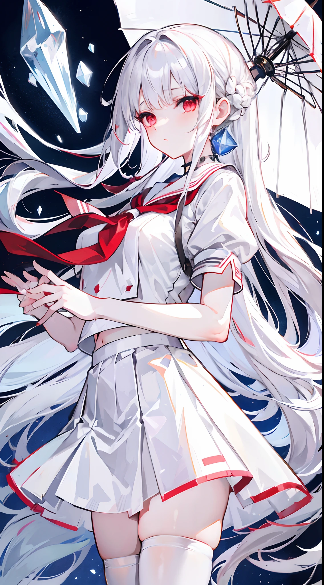 silver-white long hair,Broken hair curtains,Crystal red eyes,White short-sleeved sailor uniform,a skirt,expressiveless,apathy,Wearing white stockings,On the school rooftop,Wearing a crystal blue transparent umbrella,huge tit