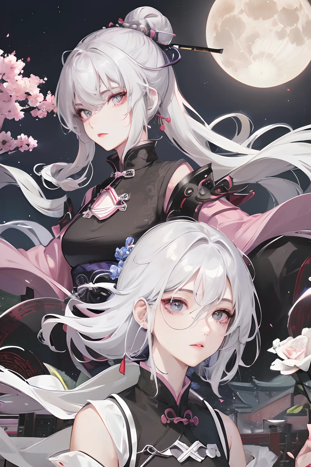 masutepiece, Best Quality, Night, fullmoon, 1 girl, Mature Woman, Chinese style, Ancient China, Sister, Royal sister, Cold expression, expressionless face, Woman with long silvery-white hair, Light pink lips, Calm, Intellectual, Tri-Belt, gray pupils, assassins, Short Knife, Flower ball background, Explore Street View