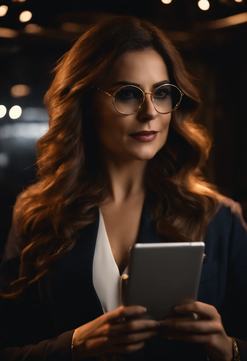 Woman medium brown hair, mechas loiras, round golden glasses, Lecturing with white microphone and an iPad in hand, Dark environment and LED screen behind