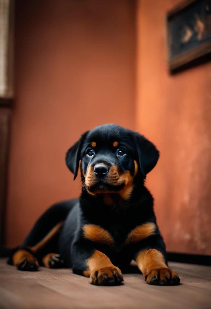An -yeld Roeiler puppy, deitado na sala em cima do tatame