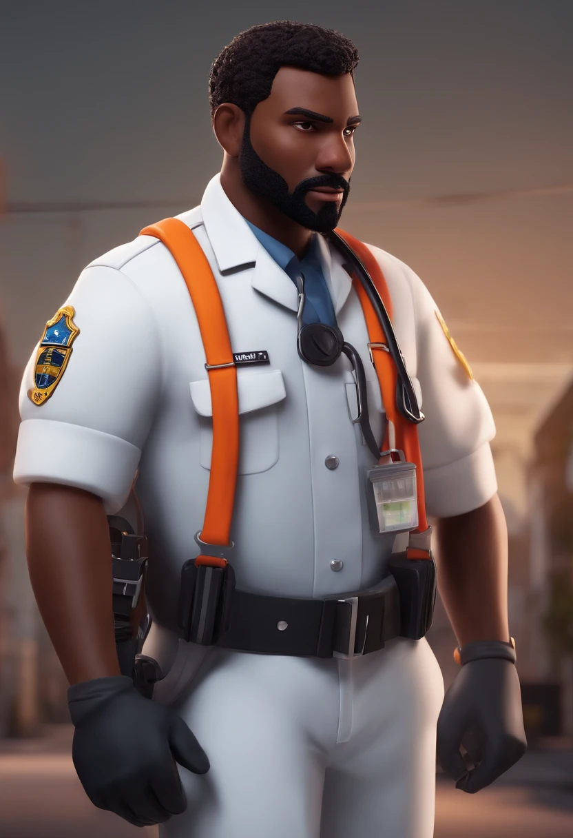 Personagem dos desenhos animados de um homem negro com barba, in paramedic uniform, animation character.