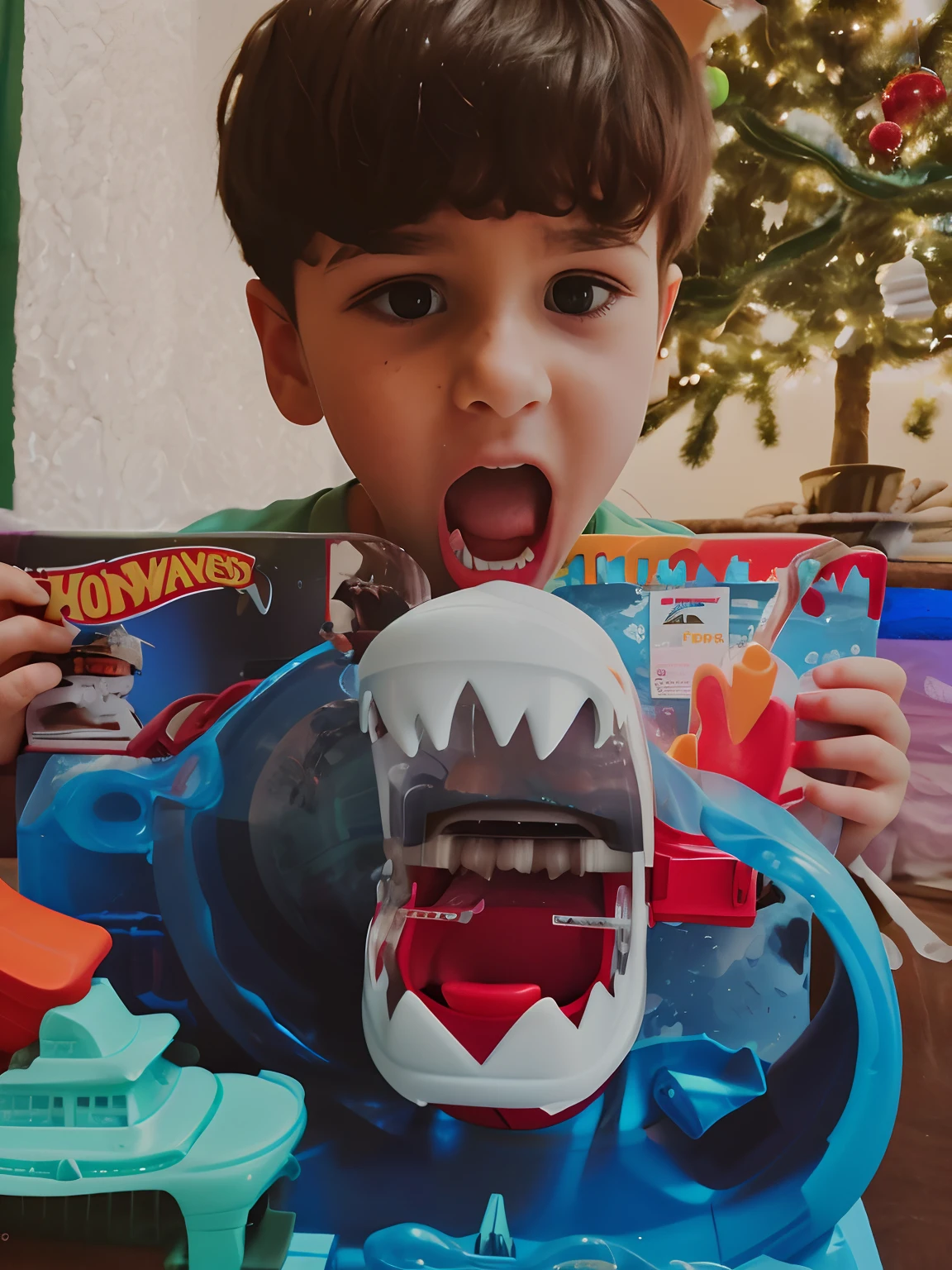 Boy holding a toy shark helmet and a toy boat in front of a Christmas tree, foto comercial do brinquedo, meu filho! the jaws that bite, foto do brinquedo, rodas quentes, pacote de brinquedos, boca aberta em um rugido aterrorizante, toy ad, kid playing with slime monster, fotografia de brinquedo, he is screaming, childrens toy, brinquedo transformadores, Rodas Quentes, brinquedos infantis, dystopian toy