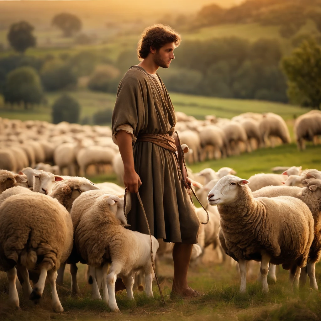 make a picture of David in the first century period, a young shepherd in a pastoral setting, filled with sheep and holding a sling in his hands, the image should capture the simplicity and serenity of country life