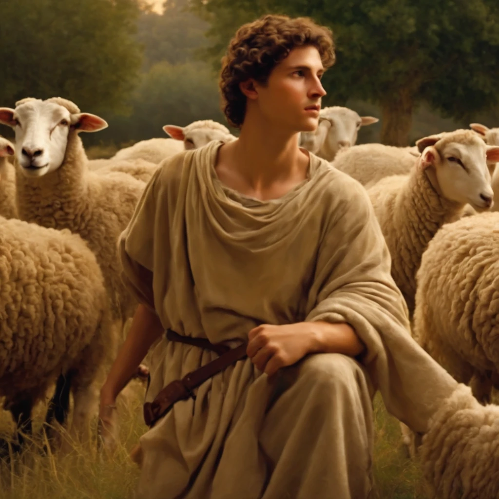 make a picture of David in the first century period, a young shepherd in a pastoral setting, filled with sheep and holding a sling in his hands, the image should capture the simplicity and serenity of country life