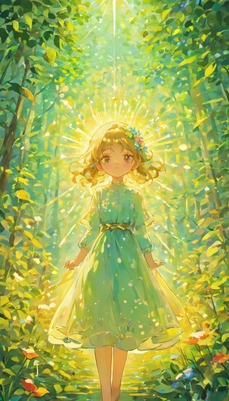 A girl in a green dress standing in a forest - SeaArt AI