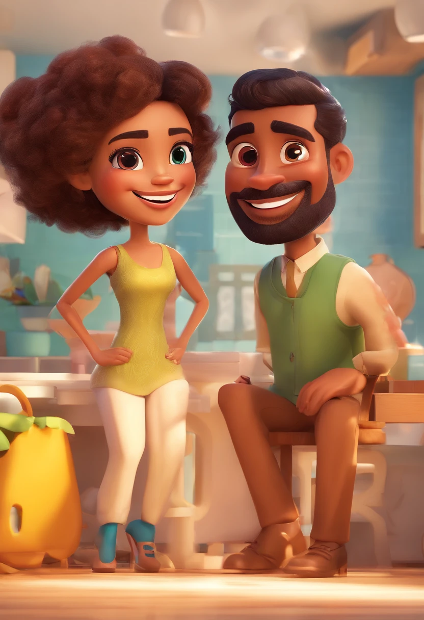 An illustration of an adorable couple, Highlight for a brown man with a smiling spectacled beard and a brown woman with beautiful expressive green eyes - the man's skin is brown and the man's hair has, while the woman's skin is brown and the woman's hair is curly and brown. They are a bright room, cada um com um sorriso no rosto, e compartilhar um momento especial caracterizado pelo amor, Insights. Illustrate this scene from a perspective where they are facing the camera, Smiling and Showing Your Connection. Desenvolva esta arte em Full HD, Focus on your cinematic touch, Estilo Disney Pixar Animations