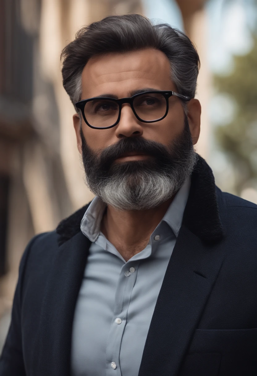 Homem de 44 anos, cabelos penteados de lado social, barba preta, With eye Glasses, radio announcer, pixar, disney