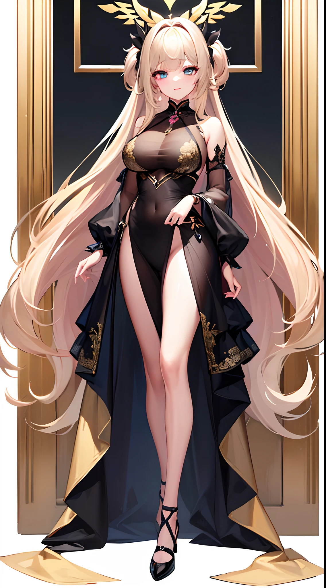 masterpiece,Highest quality, Very detailed,One Girl(Sakurai Momoka,Slender and sexy body, Nice big , Wavy Hair, Long Hair, blonde, head band, Pink flower in hair,Green Eyes), Bright Face, A light smile, Lips parted, nose blush, blush, In-person audience , View your audience, Tilt your head, alone, Red Chinese Dress,、See-through long dress, ,See-through sleeveless tops, Black lace knee socks, In the living room, Are standing, Seduce your sexy waist