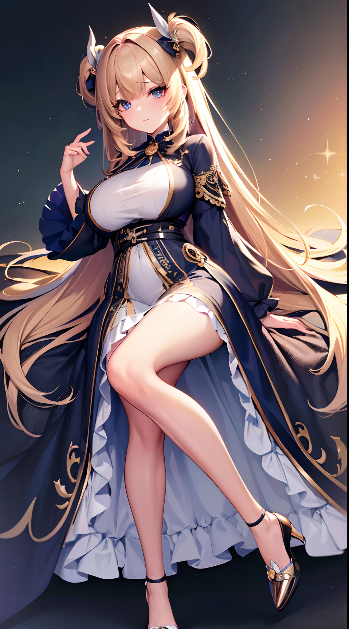 ((Best Quality)), (ultra-detailliert), ((Extremely detailed)), (Beautiful), ((Kawaii Girl)), ((UHD)), (masterpiece), (high quality), (best quality), (4K), (high quality), 1, solo girl, one girl, (hair two side up), hair intakes, long hair, parted bangs, platinum blond hair, jade colored eyes, tsurime, large breasts, paint right up to the tip of the head,((transparent background)),(solo),standing,(wearing shoes on feet),((is wearing Idol Costumes)),good girl, beautiful detailed eyes,good looking,((an extremely delicate and beautiful)),make the eyes the same shape and color on both sides, anime style