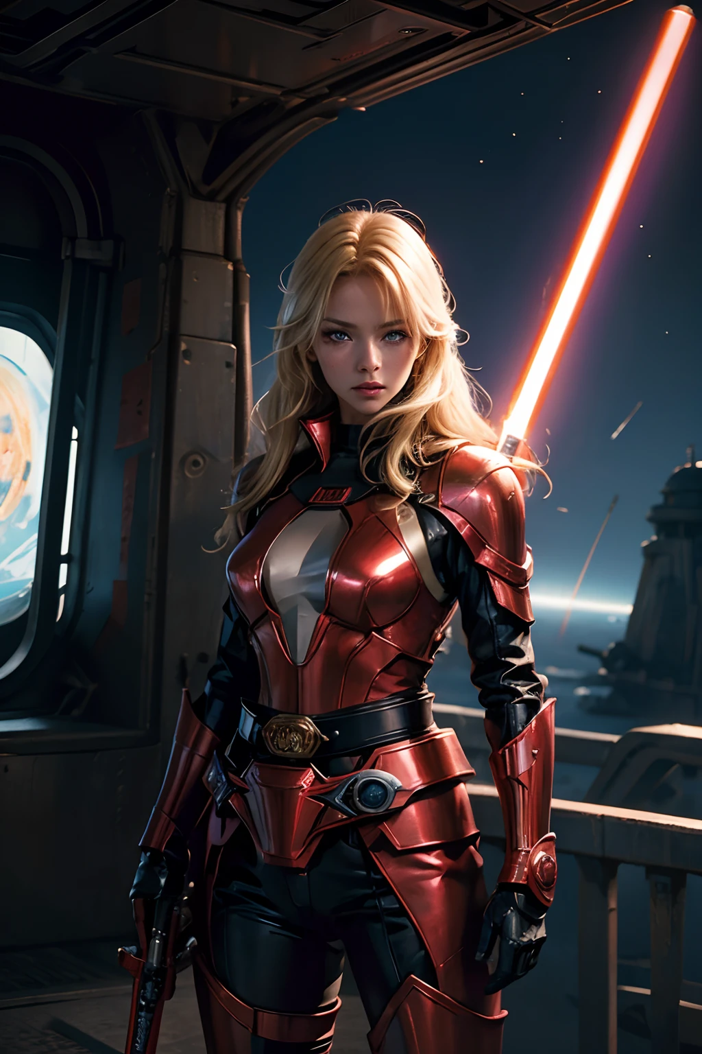 A beautiful woman with a light saber. Blonde hair and blue eyes. He wears red metallic combat uniform. There is something on the waist that reminds me of Kamen Rider's transformation belt. A woman stands on the bridge of a spaceship. A masterpiece.