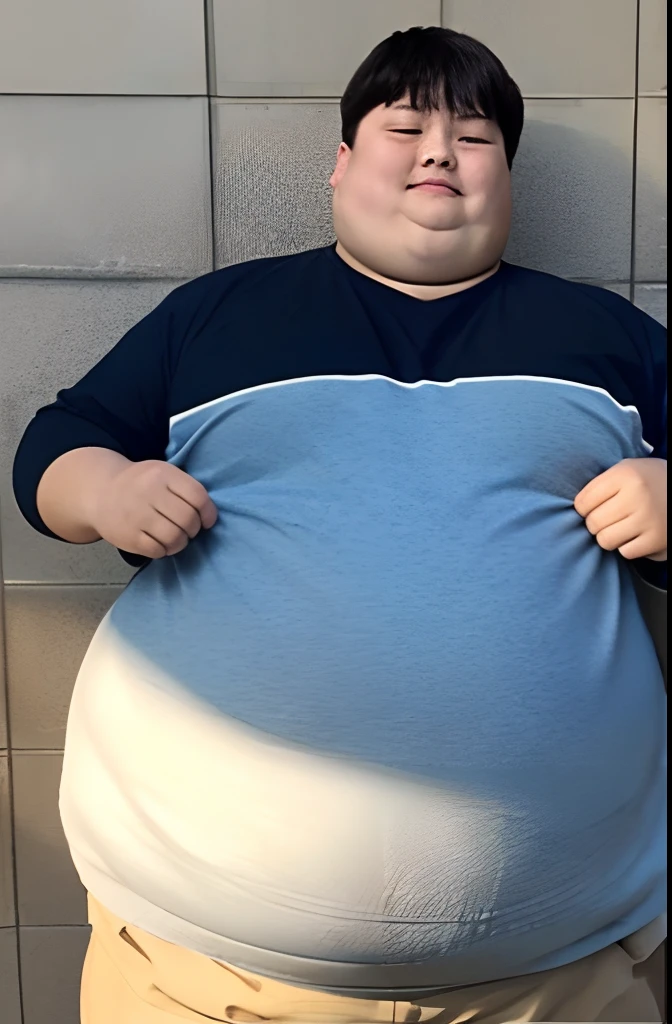 There is a toilet to the right of this obese man, A sink is to his left with a towel resting on it