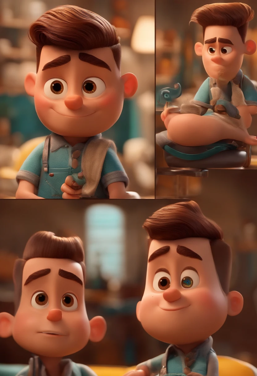A Dream Barber Inspired by Pixar Animation, de perto. The character takes center stage with captivating facial expressions, oferecendo um toque de irrealidade, Cabelo curto e gordinho gradiente