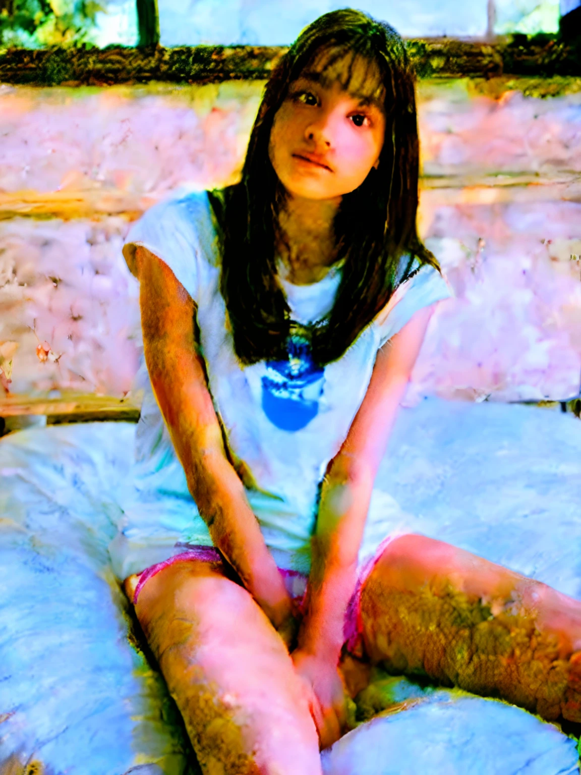 Retrato de uma jovem de 18 anos, linda, linda, perfeita, petit teen, russa, of cotton panties, na cama, (quarto juvenil, Soft lighting)