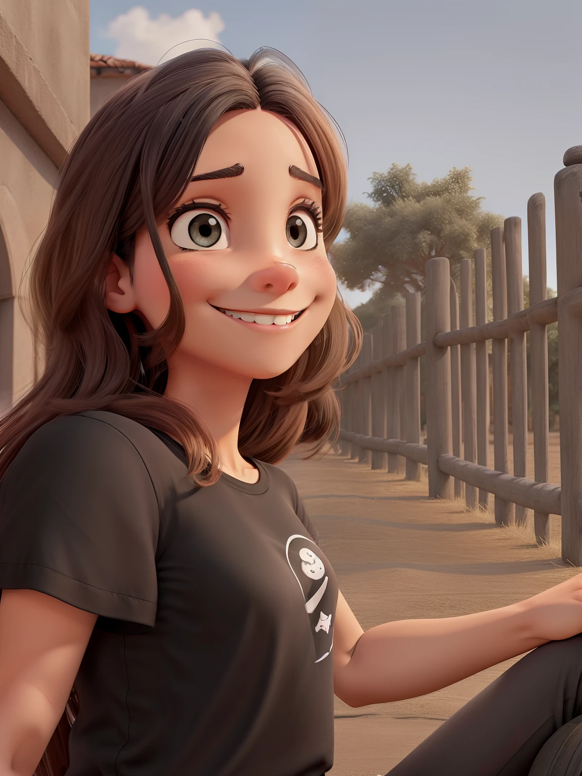 Leonia Silva, Cartoon in black t-shirt and black pants, arms crossed, olhando para frente e sorrindo com os dentes aparecendo;