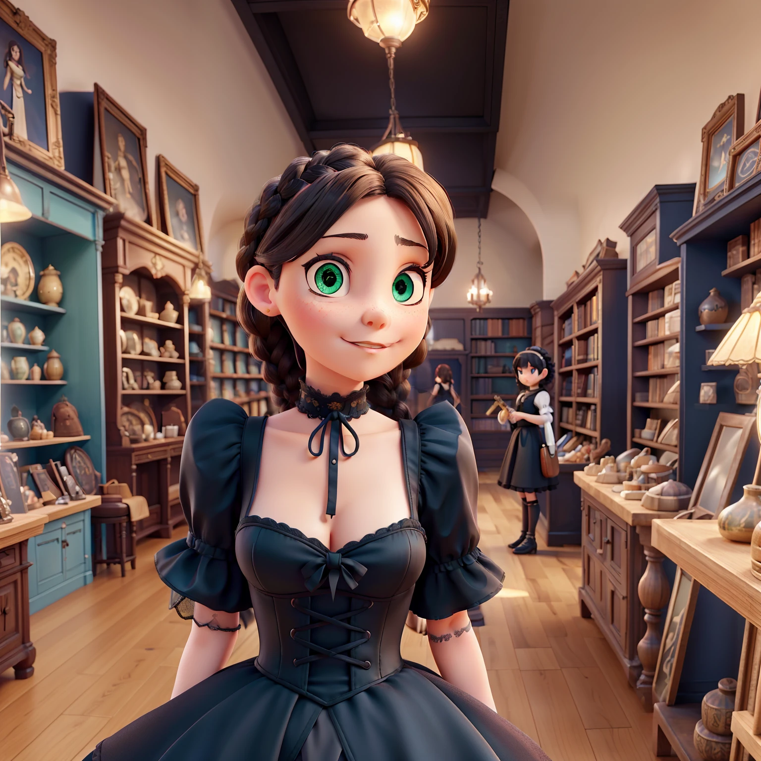 high quality, extremely detailed, lots of image quality, display high quality, beautiful young girl, young girl 16 years, girl 16 years, full body image, full body girl, goth girl, girl with short hair, short hair up to neck, curly hair, black hair, hair with braid on the right side of the head, braid on the right side of the head,  light green eyes, green eyes, girl wearing black gothic dress, black gothic dress, black gothic dress with dark blue details, blue sleeve details, blue stripes on the bottom of the dress, blue details on the sleeves of the black dress, black knee-length gothic dress, black goth dress with short sleeves and puffs, black dress with dark blue details,  Gothic girl in black dress, gothic lolita, gothic lolita, gothic Victorian style dress, Victorian era dress in gothic style, modern victorian dress, modern gothic dress, gothic girl in modern gothic victorian dress, girl posing standing inside antique shop, interior of antique shop, girl posing smiling for photo, shop with antique items,  antique vases, antique books, ancient statues, small ancient statues, antique weapons in antique shop, beautiful anime girl, small breasts, beautiful breasts, striking breasts, small breasted gothic girl
