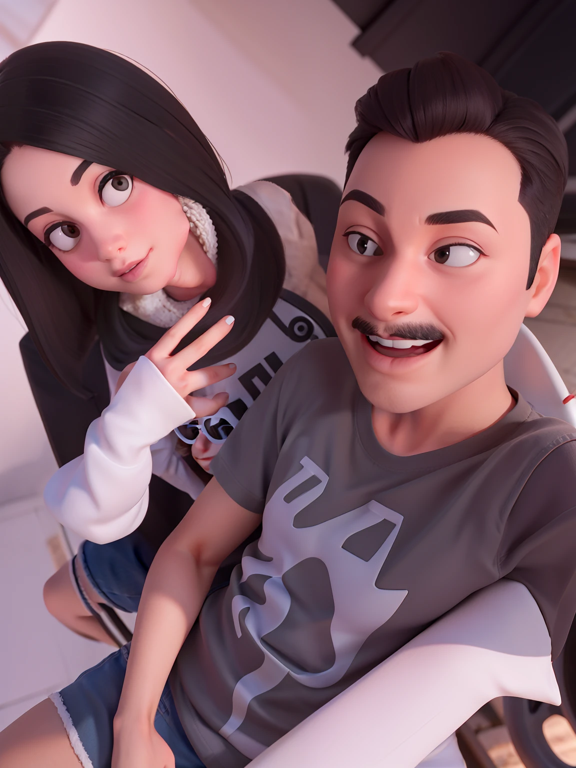 crie um personagem estilo Pixar, uma mulher de cabelo vermelho, cabelo cumprido solto, com uma blusa cumprida preta, a white pants, With arms around the neck of a man with short black hair, round sunglasses, camiseta preta, beige pants, watch on wrist, ao fundo um por do sol