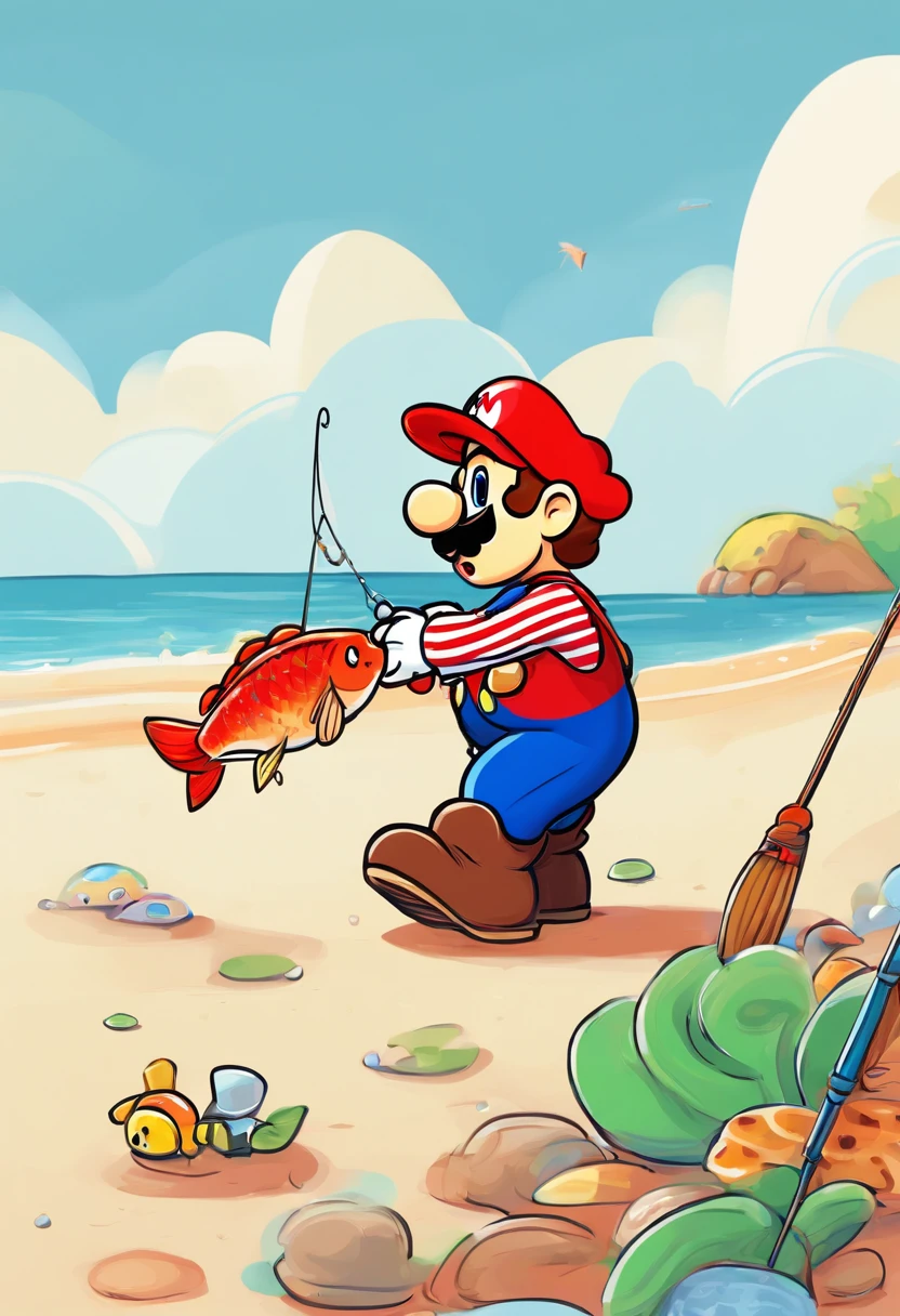 skinny, bald boy in a cap, fishing for a big fish on the beach, wearing a black and red striped blouse