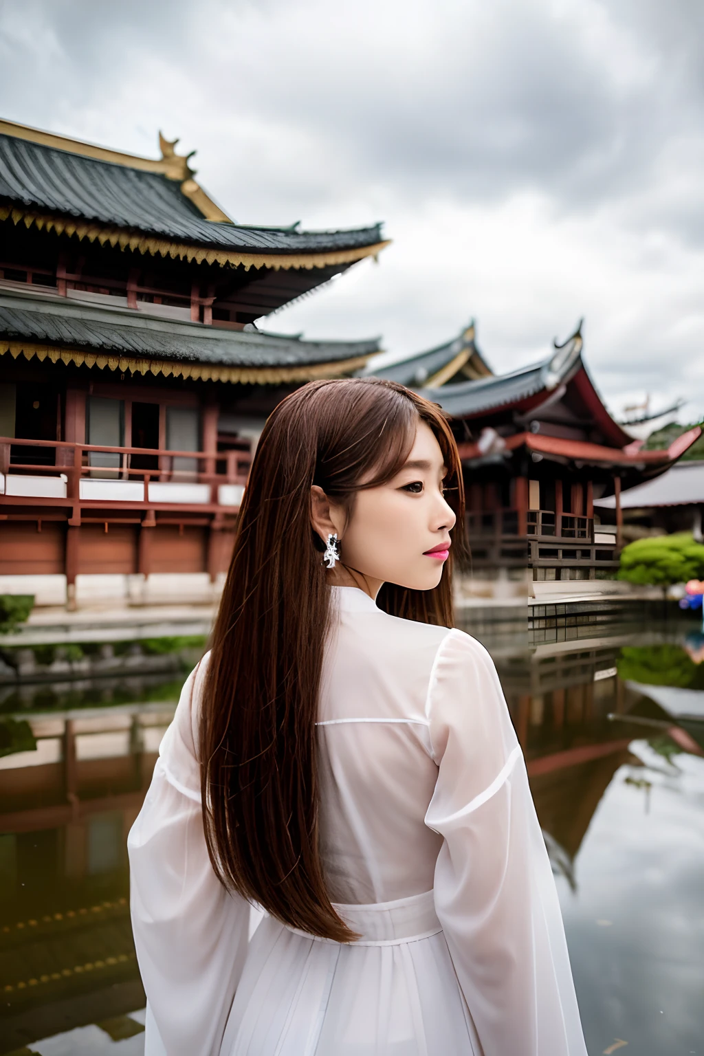 1girll, Solo, Cowboy shot, From below, fisheyelens, Above the clouds, standing, 20yr old, Beautiful Asian girl, view the viewer, Long hair, Floating hair, Brown hair, hair adornments, White Chinese clothes, Long sleeves, Wide sleeves, see-through sleeves, Earrings, nice hand, Perfect hands, sky, Cloudy sky, Cloud, street, Cherry blossoms, Falling petals, flower on liquid, water Reflections, east asian architecture, pagoda, Mountain,