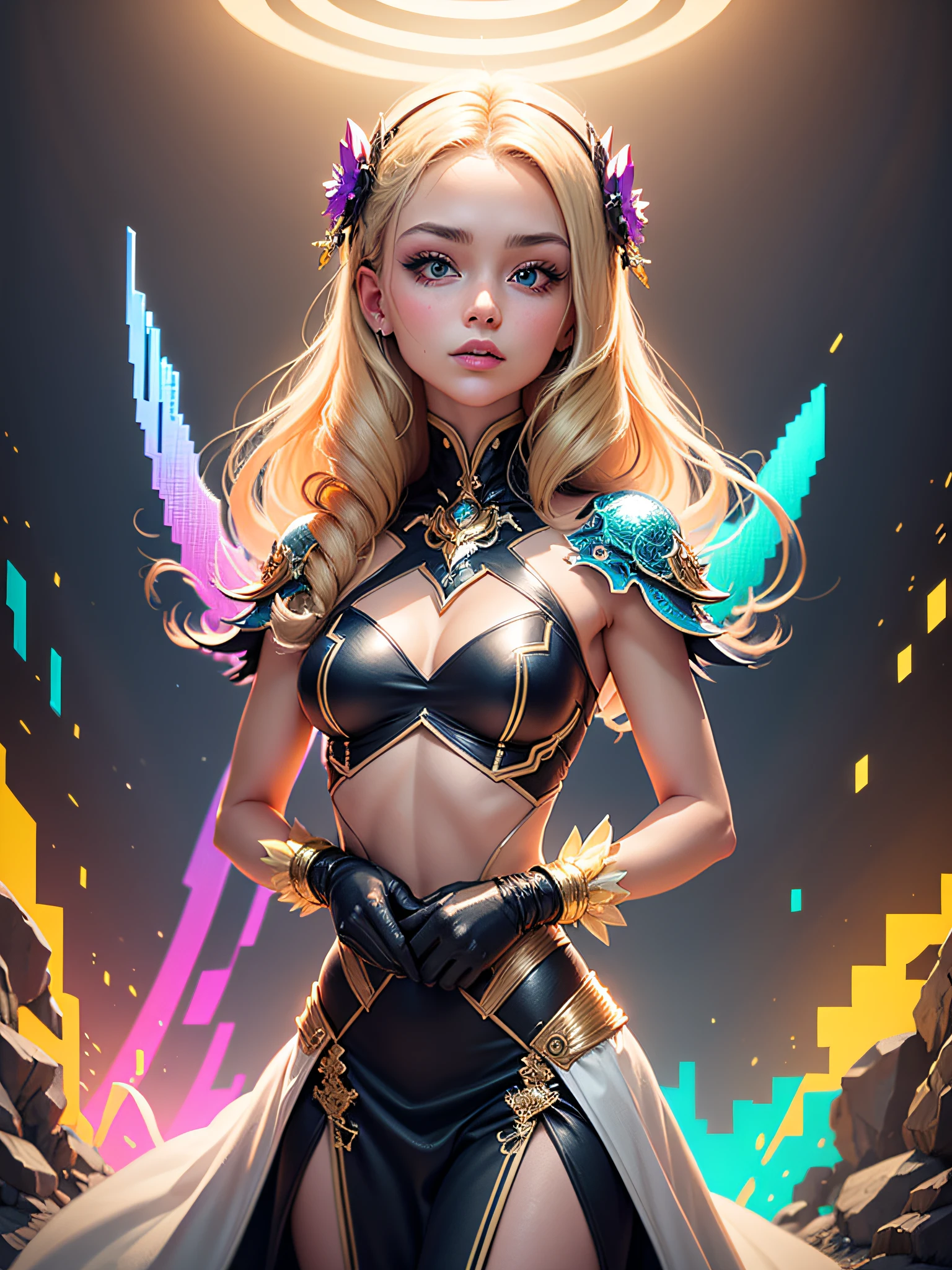 fabulous pixel art of a group of futuristic idols beautiful blonde triplets pixel art, beautiful and detailed pixel art, hyper detailed pixel art, conceptual pixel art, high quality pixel art, high quality pixel art, high quality pixel art, high quality pixel art, bioluminescent lighting, colorful, high contrast colors, Pixel art style, Pixel art:3, 4k, beautiful