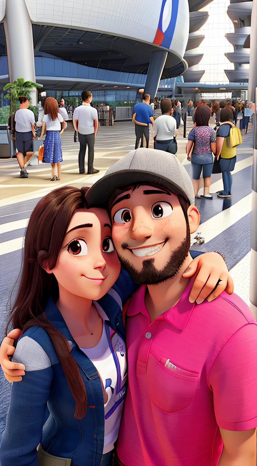 Hugging couple standing in front, Illuminated by the light of airport panels, contra o pano de fundo de um aeroporto com placas de chegadas e partidas