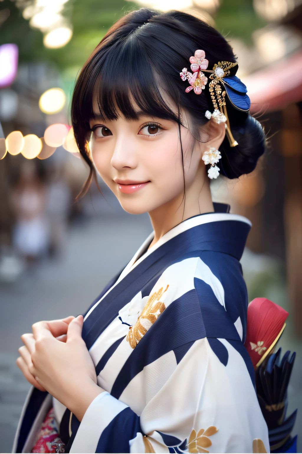 (8k, RAW photo, best quality, masterpiece:1.2), ultra detailed, ultra high res, (realistic, photo realistic:1.37), portrait, high detail RAW color photo, professional photograph, an extremely delicate and beautiful, extremely detailed, 8k wallpaper, Amazing, finely detail, huge file size, official art, extremely detailed CG unity 8k wallpaper, extremely detailed beautiful girl, extremely detailed face, extremely detailed eyes, extremely detailed skin, extremely detailed fingers, extremely detailed nose, extremely detailed mouth, perfect anatomy, highly detailed background, extremely detailed clothing, 1girl, (18 years old:1.2), teenage, cute girl, famous japanese idol, kawaii, (small breasts:1.2), realistic body, petite, fair skin, shiny skin, slender body, good figure, black hair, tied up hair, (blunt bangs:1.2), smile, cute, young, cute face, realistic face, beautifully detailed eyes, drooping eyes, (kimono:1.4), intricate embroidery, earrings, (hair ornaments:1.2), looking at viewer, cowboy shot, face the front, standing posture, contrapposto, outdoors, (night:1.4), Japanese style, Kyoto, dynamic lighting,