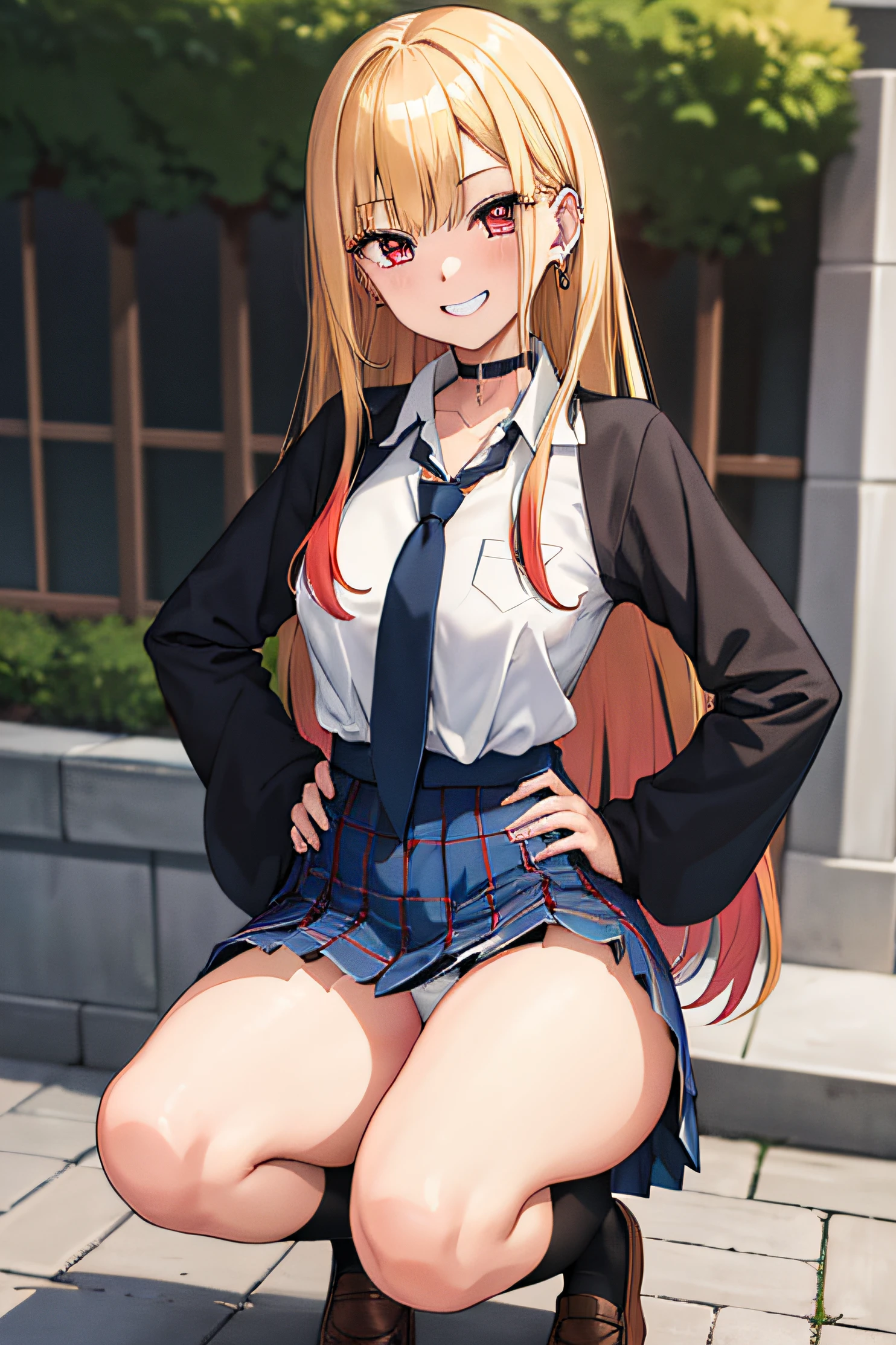 masutepiece, Best Quality, hight resolution, kitagawa marin, 1girl in, Blonde hair, Long hair, multicolored hair, Red Eyes, Jewelry, earrings, Piercing, School uniform, White shirt, Tied shirt, Black Choker, blue necktie, plaid skirts, Hands on hips, ,grin, Smile, Standing, Cowboy Shot, Outdoors, Dark blue high socks majicMIX Real、(Raw photography:1.2)、(Photorealsitic:1.4)、The beauty of beautiful details and delicate facial expressions、a blond、((Panties are visible))(Squatting panty shots)piercings Lashes beatiful detailed eyes、huge filesize、ultra-detailliert、hight resolution、Transcendent beauty top-quality、masterpiece、、(Japanese girls' high school uniform))、Very detailed expression Magnificent、finely detail、Highly detailed face movie lighting、A 23-year-old girl、front facing、((dynamicposes)))、(Sitting on legs with bent knees))、pleatedskirt、blazers、Sexy upper eyes、I'm smiling at you