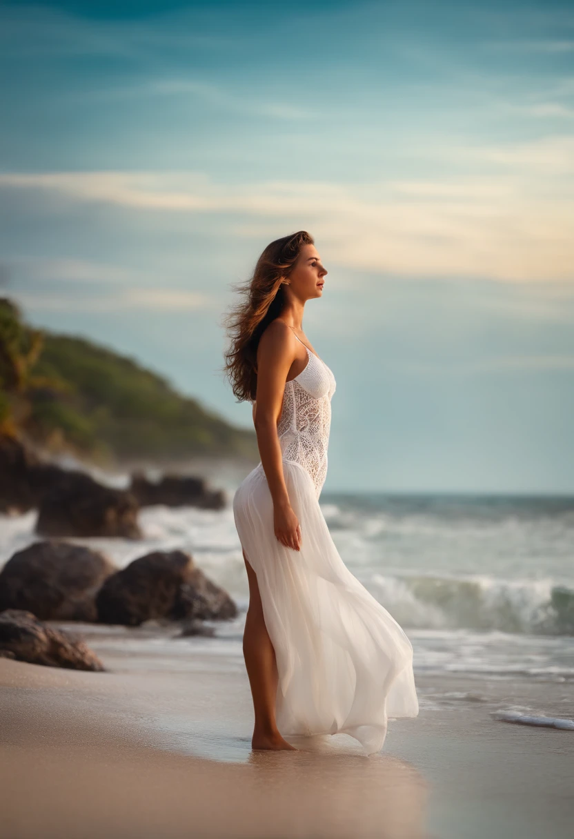 A woman in a white dress standing on a beach next to the ocean - SeaArt AI