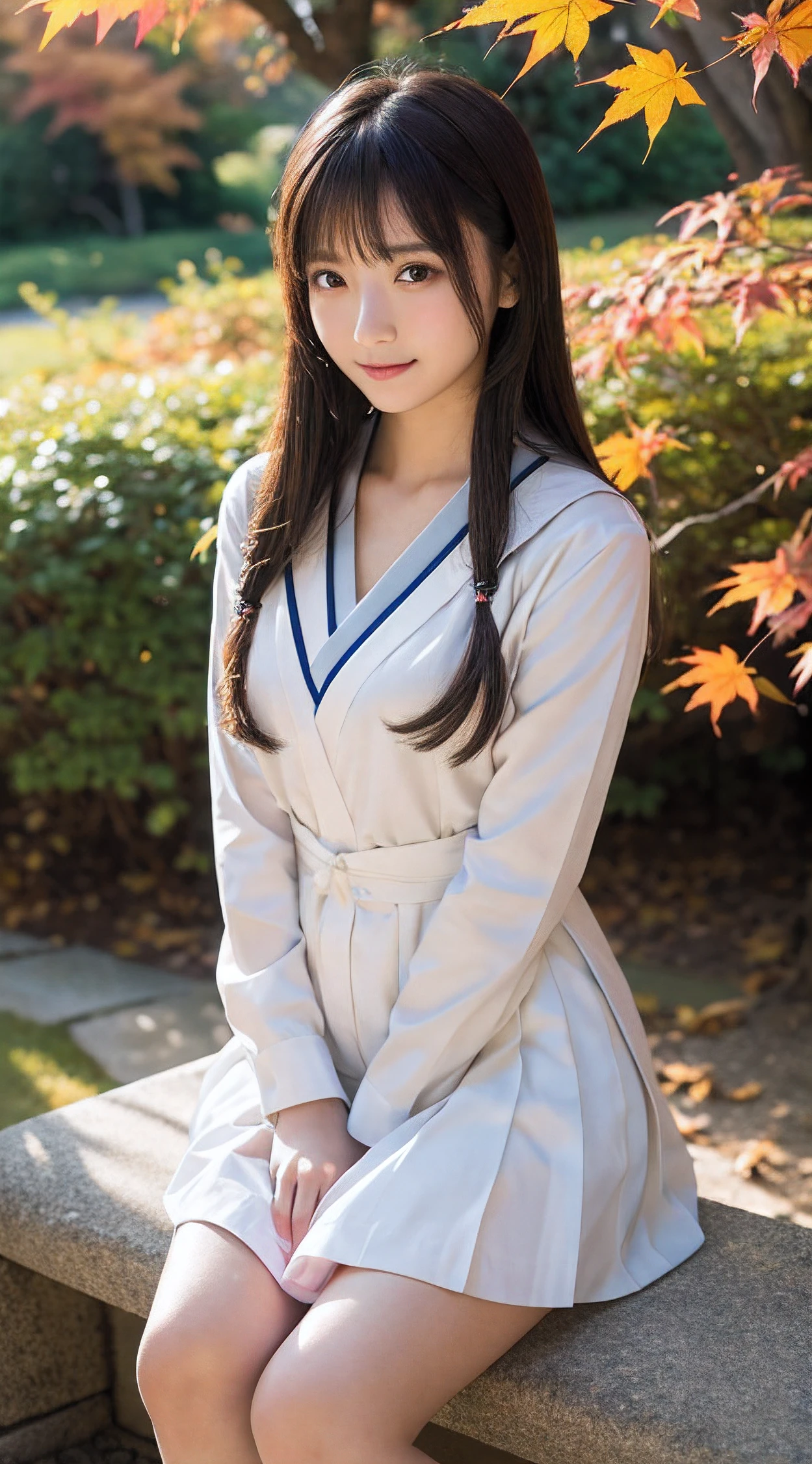 in the livingroom、Reading a book, teens girl, in a japanese apartment, live action movie scene, iwakura lain, wearing japanese school uniform, sakimichan hdri, ikki tousen, Japan school uniform, hana yata, Seifuku, japanese girl school uniform, private moment, (Photorealsitic:1.4), (Top image quality:1.0), (超A high resolution:1.0), 8K, Raw photography, (masterpiece:0.2), (pureerosface_v1:0.5)、(Best Quality Detail:1.2)、realisitic、8K UHD、hight resolution、(1girl in:1.2)、The ultra-detailliert、High quality textures、intricate detailes、detaileds、Very detailed CG、High quality shadows、Detail Beautiful delicate face、Detail Beautiful delicate eyes、depth of fields、Ray traching,1girl in, japanaese girl, Cute, slender, Kimono with Japanese pattern,Floral scrunchie, Beautiful skin, Facing the front,Sit down, Sit upright and say thank you,Align your hands elegantly,Smile faintly The Land of Japan,Japanese garden,Luxury Japanese-style room, (In rows of maple trees:1.2), ((Autumn foliage scenery:1.3)), skyporn, Magic Hour, (Realistic:1.3), Finely detailed, quality, (masutepiece:1.2), (Photorealistic:1.2), (Best Quality), (Intricate details), Dramatic, Ray tracing, photograph, +Lola