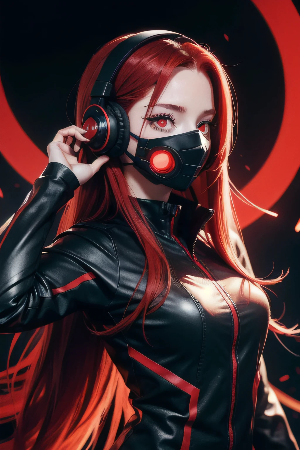 girl with long red hair, red eyes, futuristic vibes, mask on mouth, headphones, 8k, high quality, simple background, glowing eyes, nice pose