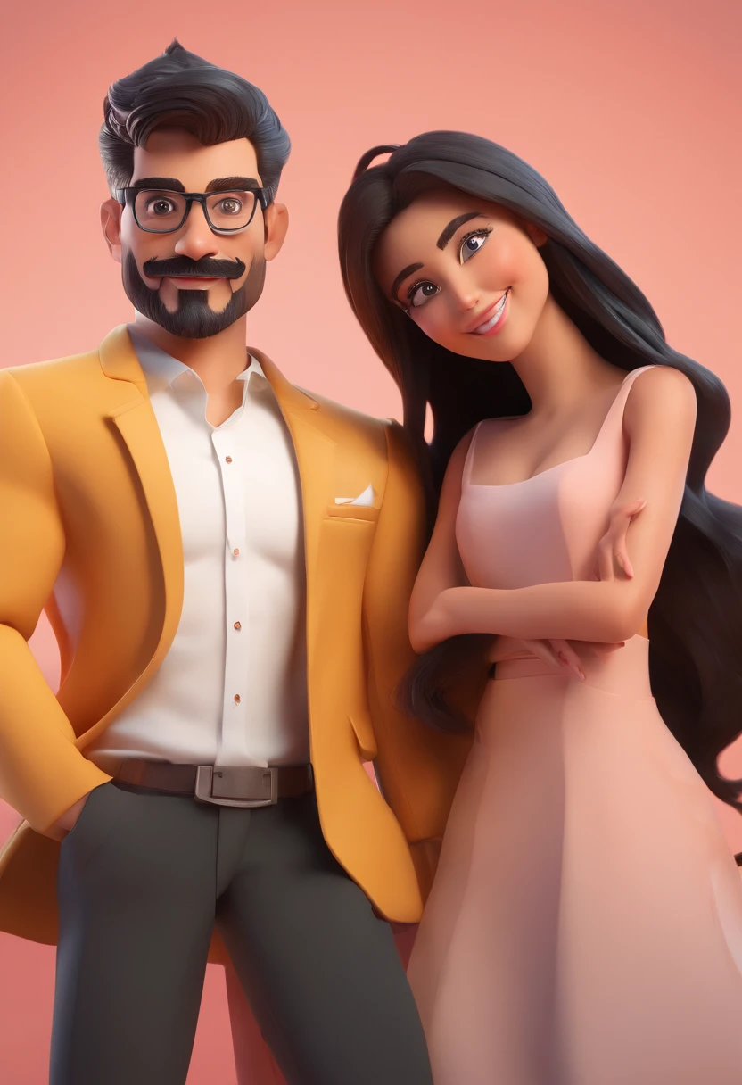 Creation of an adorable young couple with brown eyed girl, Smiling mascara black hair and the man with mustache and black goatee, With his hair cut from glasses