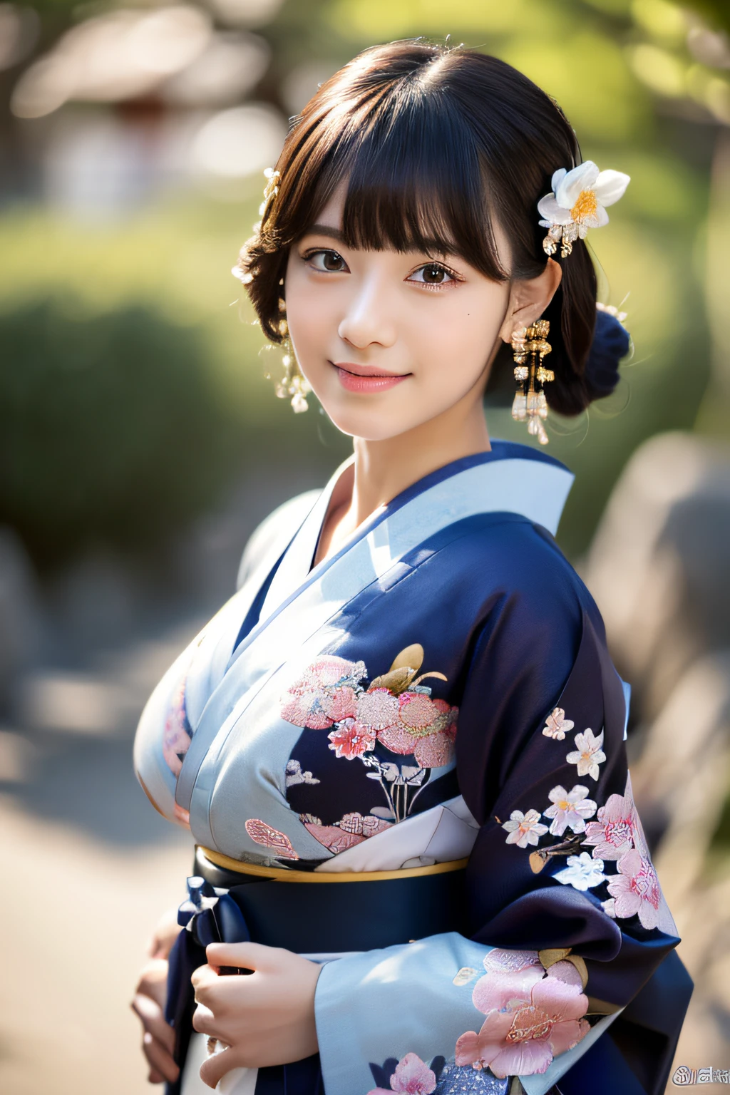 (8k, RAW photo, best quality, masterpiece:1.2), ultra detailed, ultra high res, (realistic, photo realistic:1.37), portrait, high detail RAW color photo, professional photograph, an extremely delicate and beautiful, extremely detailed, 8k wallpaper, Amazing, finely detail, huge file size, official art, extremely detailed CG unity 8k wallpaper, extremely detailed beautiful girl, extremely detailed face, extremely detailed eyes, extremely detailed skin, extremely detailed fingers, extremely detailed nose, extremely detailed mouth, perfect anatomy, highly detailed background, extremely detailed clothing, 1girl, (18 years old:1.2), age, cute girl, famous japanese idol, kawaii, (small breasts:1.2), realistic body, petite, fair skin, shiny skin, slender body, good figure, black hair, tied up hair, (blunt bangs:1.2), smile, cute, young, cute face, realistic face, beautifully detailed eyes, drooping eyes, (kimono:1.4), intricate embroidery, earrings, (hair ornaments:1.2), looking at viewer, cowboy shot, face the front, standing posture, contrapposto, outdoors, (night:1.4), Japanese style, Kyoto, dynamic lighting,