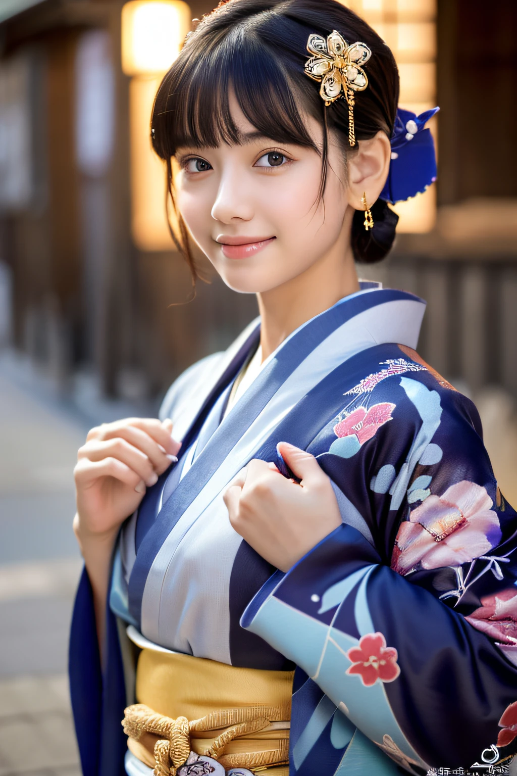 (8k, RAW photo, best quality, masterpiece:1.2), ultra detailed, ultra high res, (realistic, photo realistic:1.37), portrait, high detail RAW color photo, professional photograph, an extremely delicate and beautiful, extremely detailed, 8k wallpaper, Amazing, finely detail, huge file size, official art, extremely detailed CG unity 8k wallpaper, extremely detailed beautiful girl, extremely detailed face, extremely detailed eyes, extremely detailed skin, extremely detailed fingers, extremely detailed nose, extremely detailed mouth, perfect anatomy, highly detailed background, extremely detailed clothing, 1girl, (18 years old:1.2), age, cute girl, famous japanese idol, kawaii, (small breasts:1.2), realistic body, petite, fair skin, shiny skin, slender body, good figure, black hair, tied up hair, (blunt bangs:1.2), smile, cute, young, cute face, realistic face, beautifully detailed eyes, drooping eyes, (kimono:1.4), intricate embroidery, earrings, (hair ornaments:1.2), looking at viewer, cowboy shot, face the front, standing posture, contrapposto, outdoors, (night:1.4), Japanese style, Kyoto, dynamic lighting,