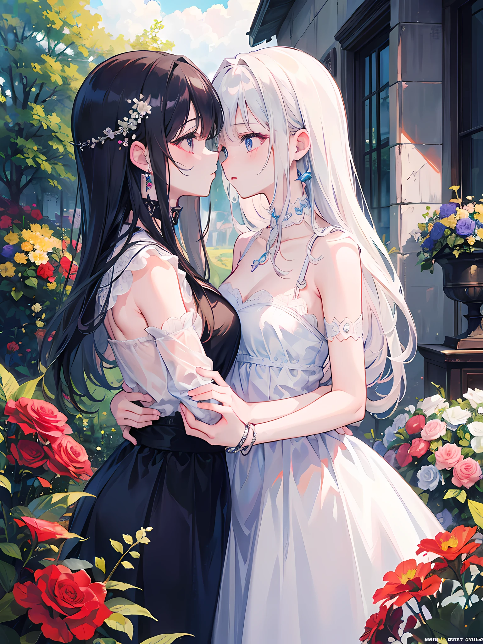 (masterpiece, top quality, best quality, official art, beautiful and aesthetic:1.2), yuri, (2girl), flowers, kissing, high res, ultrasharp, 8k