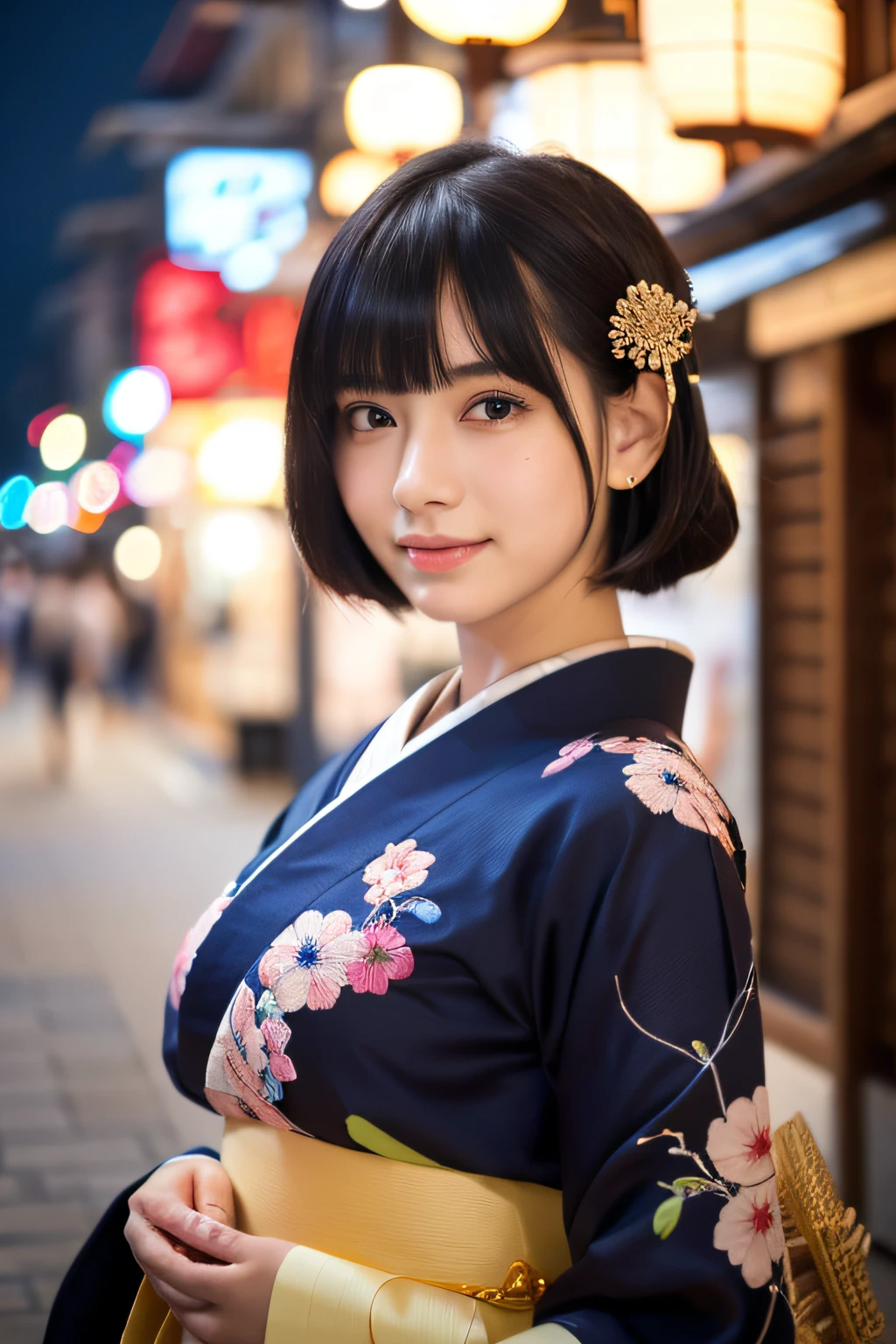 (8k, RAW photo, best quality, masterpiece:1.2), ultra detailed, ultra high res, (realistic, photo realistic:1.37), portrait, high detail RAW color photo, professional photograph, an extremely delicate and beautiful, extremely detailed, 8k wallpaper, Amazing, finely detail, huge file size, official art, extremely detailed CG unity 8k wallpaper, extremely detailed beautiful girl, extremely detailed face, extremely detailed eyes, extremely detailed skin, extremely detailed fingers, extremely detailed nose, extremely detailed mouth, perfect anatomy, highly detailed background, extremely detailed clothing, 1girl, (18 years old:1.2), teenage, cute girl, famous japanese idol, kawaii, (small breasts:1.2), realistic body, petite, fair skin, shiny skin, slender body, good figure, black hair, tied up hair, (blunt bangs:1.2), smile, cute, young, cute face, realistic face, beautifully detailed eyes, drooping eyes, (kimono:1.4), intricate embroidery, earrings, (hair ornaments:1.2), looking at viewer, cowboy shot, face the front, standing posture, contrapposto, outdoors, (night:1.4), Japanese style, Kyoto, dynamic lighting,