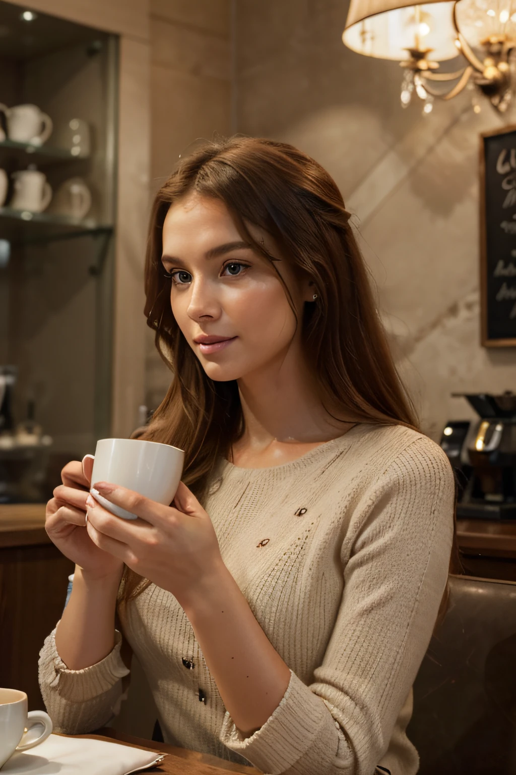 Beautiful RED haired woman with medium chest (savoring a cup of coffee in an upscale, fashionable coffee shop. She should be dressed in high-end, luxurious clothing that exudes sophistication and class, and her outfit should be both comfortable and chic. The woman should be posed elegantly in a way that showcases her poise and style, as if she's naturally at ease in this trendy setting. Her gaze should be directed away from the camera, looking into the distance with a thoughtful expression, as if she's taking in the ambiance and enjoying a moment of quiet contemplation. The coffee shop should have an aesthetically pleasing interior with modern, tasteful decor, and the lighting should be soft and inviting, creating a cozy and intimate atmosphere. The image should capture the essence of a fashionable and relaxed coffee shop experience where elegance and style are effortlessly intertwined), Very detailed, 25 age, visage innocent, natural wavy hair, blue eyes, High resolution, Masterpiece, Best quality, Intricate details, highly detailed, sharp focus, detailed skin, realistic skin texture, texture, detailled eyes, professionnel, 4K, sourire charmant, filmed on Canon, 85 mm, shallow depth of fieldp, Couleur Kodak Vision, perfect fit body, Extremely detailed, photographier_\(ultra\), photoreallistic, Realstic, Post-traitement, maximum details, roughness, real life, ultra realist, photorealism, photographie, 8K UHD, photographie, travail, bureau, Hight detail fingers and hands