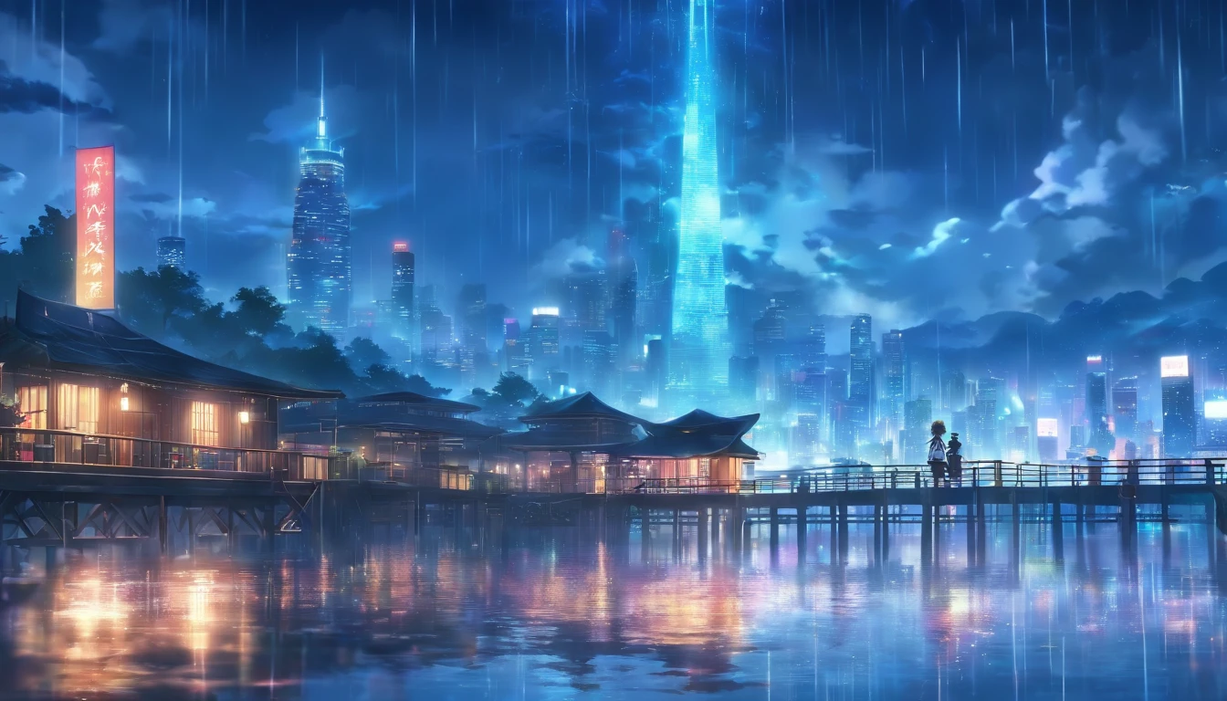 (best quality, masterpiece, 8k wallpaper:1.2), heavy rain at the pier, city skyline in the back ground with elaborate details, late night, natural lighting