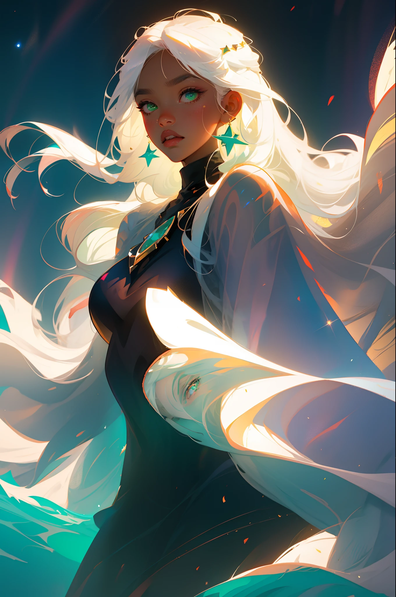 a 1girl, pretty face, Masterpiece, enticing, dark skin, suntanned skin, Long hair, white colored hair, Green eyes, white eyelashes, white eyebrows, messy hair, Bangs hair, The sea, Night Star, skye, Front view from chest to chest