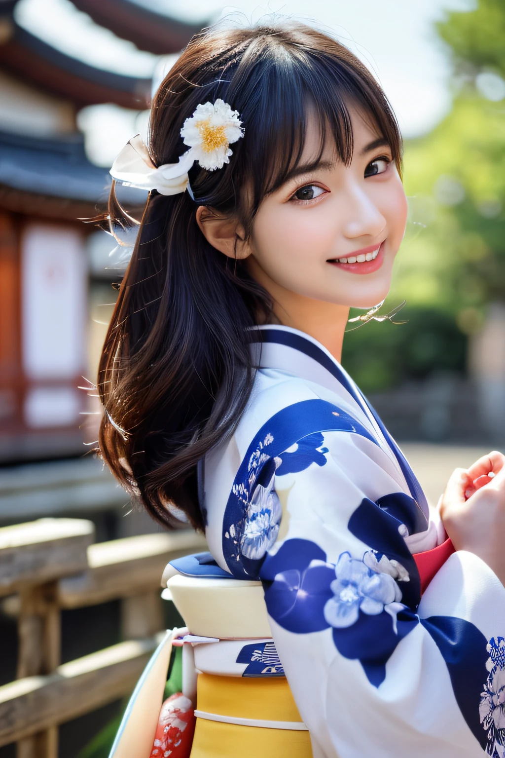 (8k、RAW Photography、top-quality、masterpiece:1.2)、ultra-detailliert、超A high resolution、(realisitic、photoRealstic:1.37)、portlate、High-detail RAW color photos、professional photograpy、extremely delicate and beautiful、A highly detailed、 8K wallpapers、magnifica、finely detail、huge filesize、Official Art、Highly detailed CG Unity 8k wallpapers、highly detailed beautiful girl、extra detailed face、extremely detailed eye、highlydetailed skin、extremely detailed fingers、highly detailed nose、highly detail mouth、perfect anatomia、highly detailed back ground、Highly detailed attire、女の子1人、(18year old:1.2)、10 generations、Cute girl s、famous Japan idol、cute little、(small tits:1.2)、Realistic body、小柄、fair white skin、shinny skin、slenderbody、well-styled、A dark-haired、Hair collection、(Pattsun bangs:1.2)、a smile、kawaii、年轻、kawaii faces、lifelike face、Beautiful eyes、Sauce order、(kimono:1.4)、Dense embroidery、耳Nipple Ring、(hair adornments:1.2)、Eye、cowboy shot、frontage、standing athletic pose、Contrapo、outside of house、(natta:1.4)、A Japanese style、kyoto、Dynamic lighting、valley、