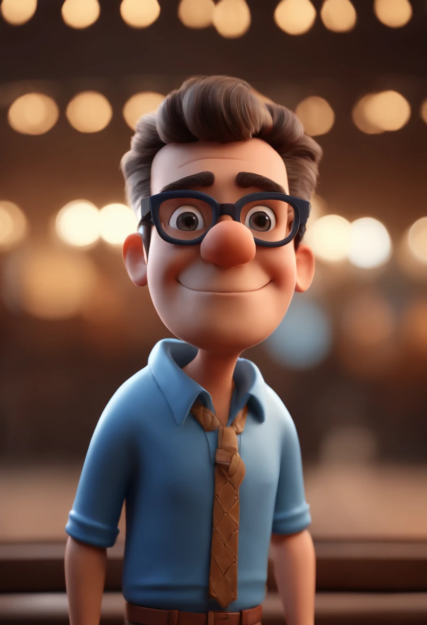 Cartoon character of a man with black glasses and a blue shirt, animation character, Caractere estilizado, animation style rendering, 3D estilizado, Arnold Maya render, 3 d render stylized, toon render keyshot, Personagem 3D, Personagem 3D, 3d rendering stylized, 3 d character render, personagem de desenho animado, Personagem de close up, Pose de personagem, (Estilo Pixar) (master part:1.2) (Bokeh) (best quality) (pele detalhada) (textura detalhada) (8k) (argila) (Cinematic lighting) (foco nítido