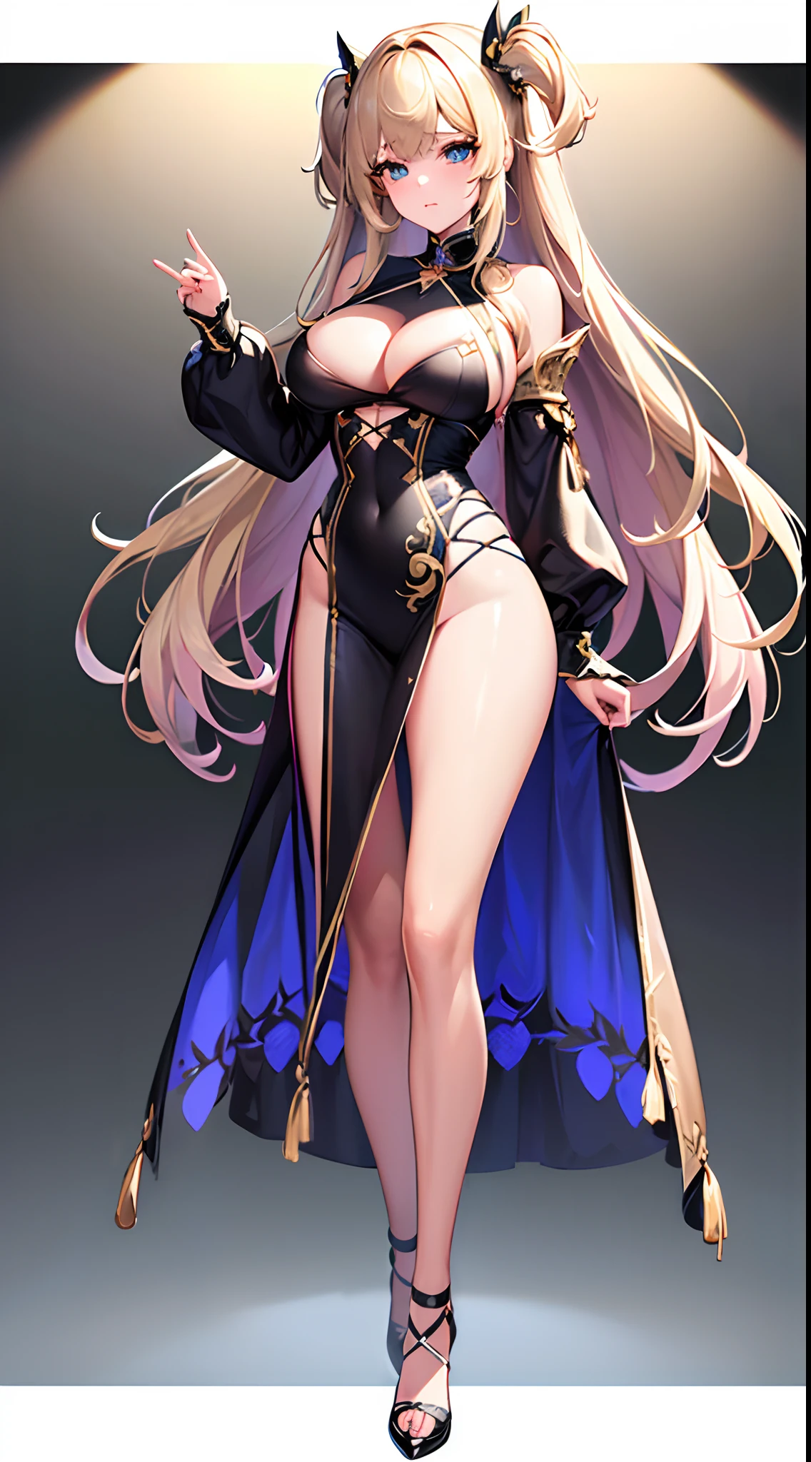 ((Best Quality)), (ultra-detailliert), ((Extremely detailed)), (Beautiful), ((Kawaii Girl)),  ((UHD)), (masterpiece), (high quality), (best quality), (4K), (high quality), 1, solo girl, one girl, (hair long two side up), hair intakes, long hair, parted bangs, platinum blond hair, jade colored eyes, tsurime, large breasts, paint right up to the tip of the head,((transparent background)),(solo),standing,(wearing shoes on feet),((is wearing Idol Costumes)),good girl, beautiful detailed eyes,good looking,((an extremely delicate and beautiful)),make the eyes the same shape and color on both sides, anime style