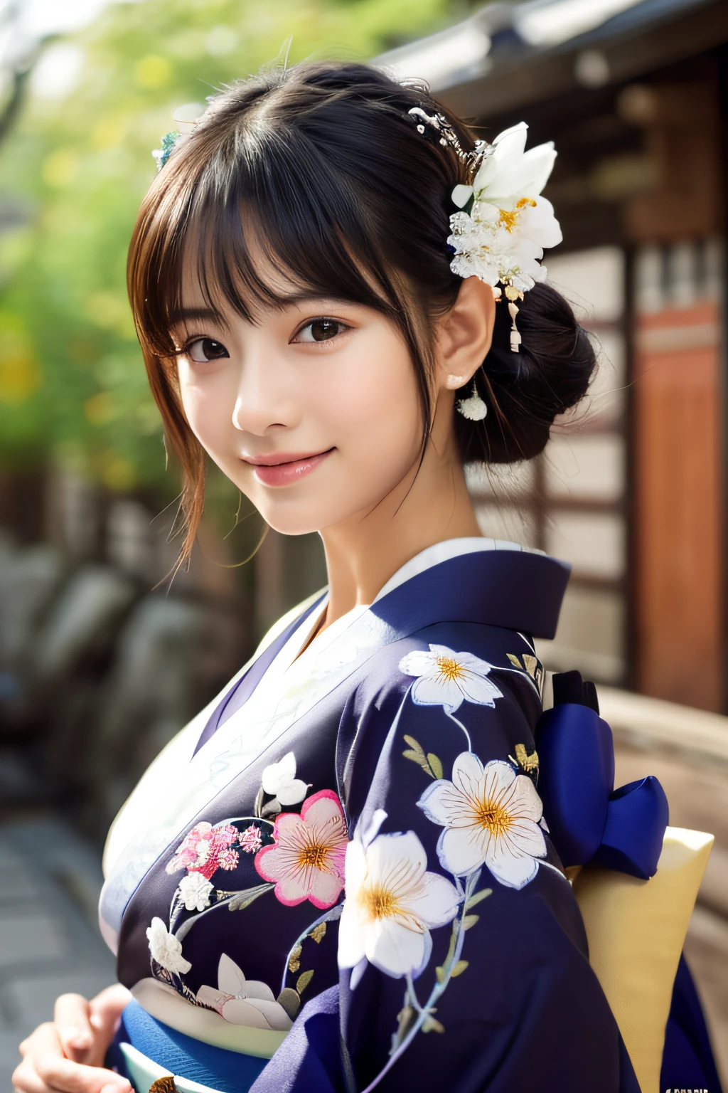 (8K、Raw photography、top-quality、masterpiece:1.2)、ultra-detailliert、超A high resolution、(realisitic、photoRealstic:1.37)、portlate、High-detail RAW color photos、professional photograpy、extremely delicate and beautiful、A highly detailed、 8K Wallpapers、magnifica、finely detail、huge filesize、Official art、Highly detailed CG Unity 8K wallpapers、highly detailed beautiful girl、extra detailed face、extremely detailed eye、highlydetailed skin、extremely detailed fingers、highly detailed nose、highly detail mouth、perfect anatomia、highly detailed back ground、Highly detailed attire、女の子1人、(18year old:1.2)、10 generations、Cute little girl s、famous Japan idol、cute little、(small tits:1.2)、Realistic body、小柄、fair white skin、shinny skin、slenderbody、well-styled、A dark-haired、Hair collection、(Pattsun bangs:1.2)、A smile、kawaii、年轻、kawaii faces、Lifelike face、Beautiful eyes、Sauce order、(Kimono:1.4)、Dense embroidery、耳Nipple Ring、(hair adornments:1.2)、eye、cowboy shot、frontage、standing athletic pose、Contrapo、outside of house、(natta:1.4)、A Japanese style、kyoto、Dynamic lighting、